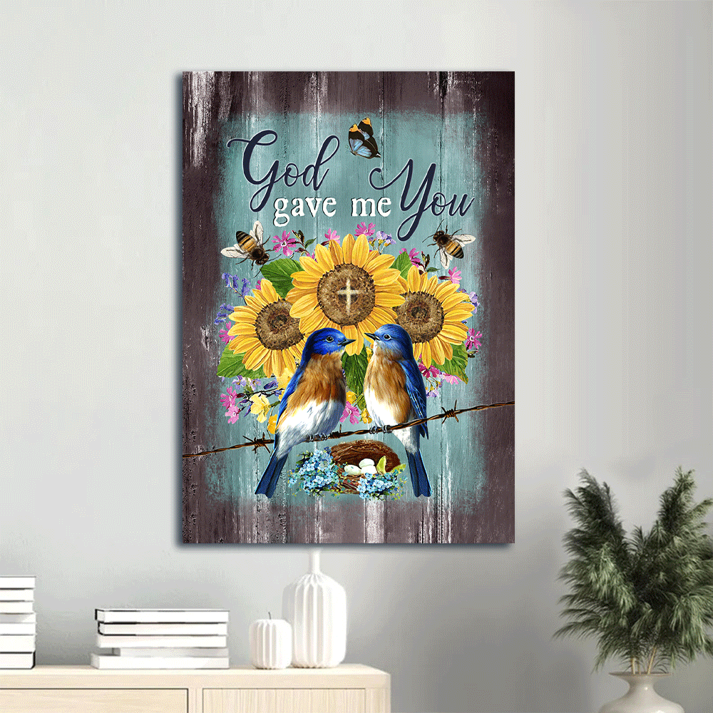 Jesus Portrait Canvas- Eastern bluebirds, Bird nest, Sunflower, Butterfly canvas- Gift for Christian- God gave me you