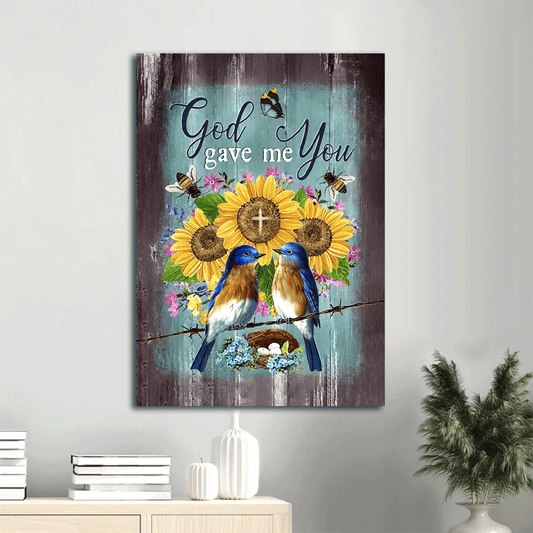 Jesus Portrait Canvas- Eastern bluebirds, Bird nest, Sunflower, Butterfly canvas- Gift for Christian- God gave me you