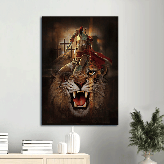 Jesus Portrait Canvas- Fantastic warrior of God, Three wooden crosses, Great Lion of Judah painting canvas- Gift for Christian