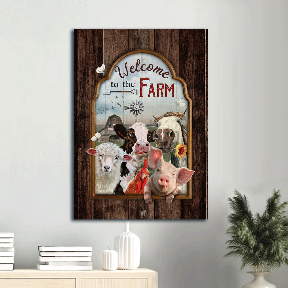 Family Portrait Canvas- Farm animals, Cute animals, Farm life, White butterfly canvas- Gift for members family- Welcome to the farm