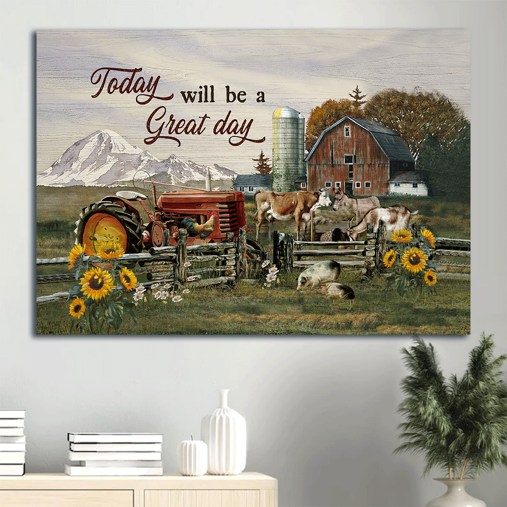 Jesus Landscape Canvas- Farm animals, Farmhouse, Sunflower painting canvas- Gift for Christian- Today will be a great day