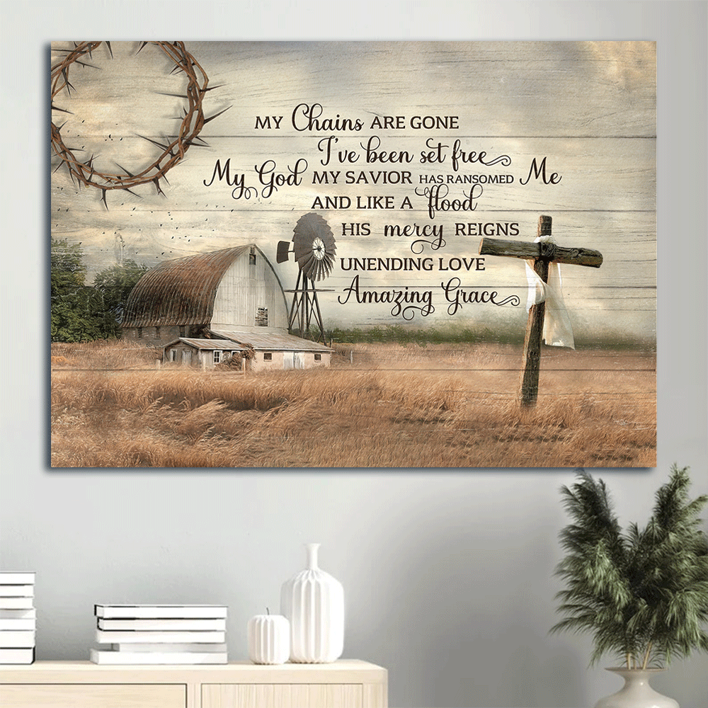 Jesus Landscape Canvas- Farm house painting, Meadow landscape, Tranquil farm, Wooden cross canvas- Gift for Christian- My chain are gone, I've been set free