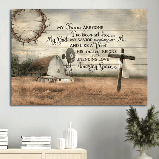 Jesus Landscape Canvas- Farm house painting, Meadow landscape, Tranquil farm, Wooden cross canvas- Gift for Christian- My chain are gone, I've been set free
