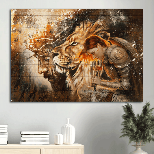 Jesus Landscape Canvas- Female knight, Praying to Jesus, Lion of Judah canvas- Gift for Christian- Landscape Canvas Prints, Wall Art