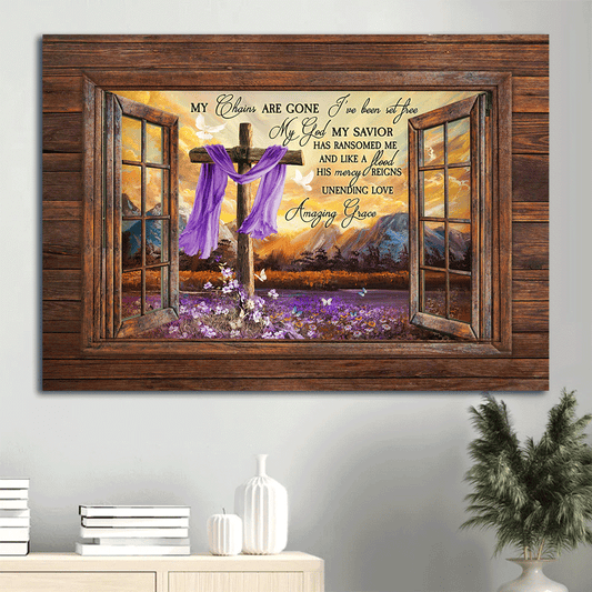 Jesus Landscape Canvas- Purple Flower Field, Meadow landscape, Wooden cross, Colorful butterfly canvas - Gift for Christian- Landscape Canvas Prints,  Wall Art