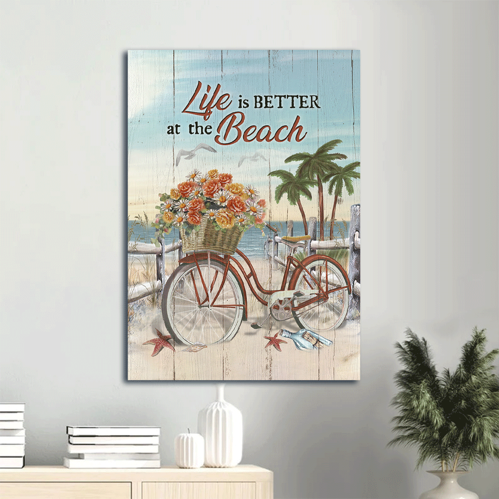 Jesus Portrait Canvas- Flower basket, Beach cruiser, Coconut palm canvas- Gift for Christian- Life is better at the beach- Portrait Canvas Prints, Christian Wall Art