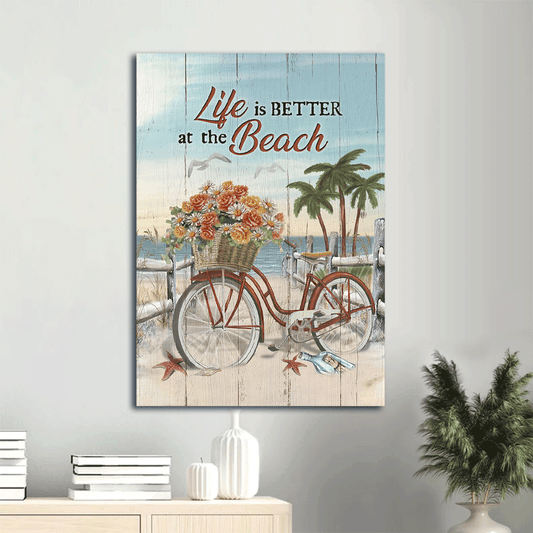 Jesus Portrait Canvas- Flower basket, Beach cruiser, Coconut palm canvas- Gift for Christian- Life is better at the beach- Portrait Canvas Prints, Christian Wall Art