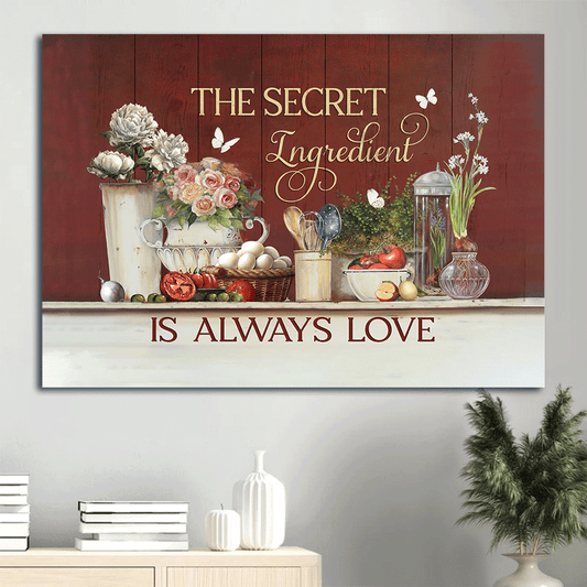 Kitchen Landscape Canvas- Flower drawing, Vintage kitchen, Cooking utensil canvas- Gift for kitchen lover- The secret ingredient is always love- Landscape Canvas Prints, Wall Art