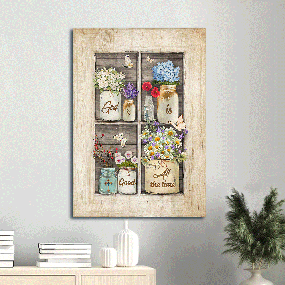 Jesus Portrait Canvas- Flower drawing, Vintage window, Pretty butterfly canvas- Gift for Christian- God is good all the time - Portrait Canvas Prints, Wall Art