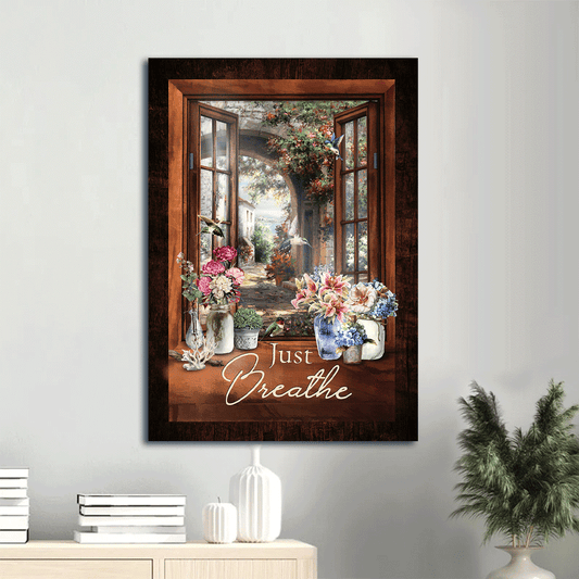 Jesus Portrait Canvas- Flower garden, Beautiful scene, Sunlight, Hummingbird canvas- Gift for Christian- Just breathe- Portrait Canvas Prints, Christian Wall Art