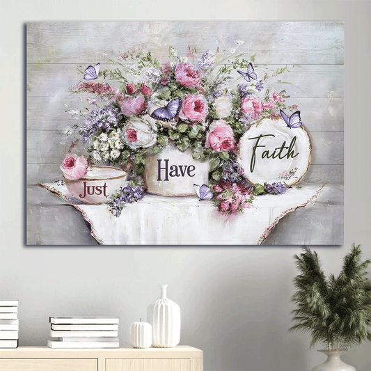 Jesus Landscape Canvas- Flower garden, Still life painting, Purple butterfly canvas- Gift for Christian- Just have faith- Landscape Canvas Prints, Christian Wall Art