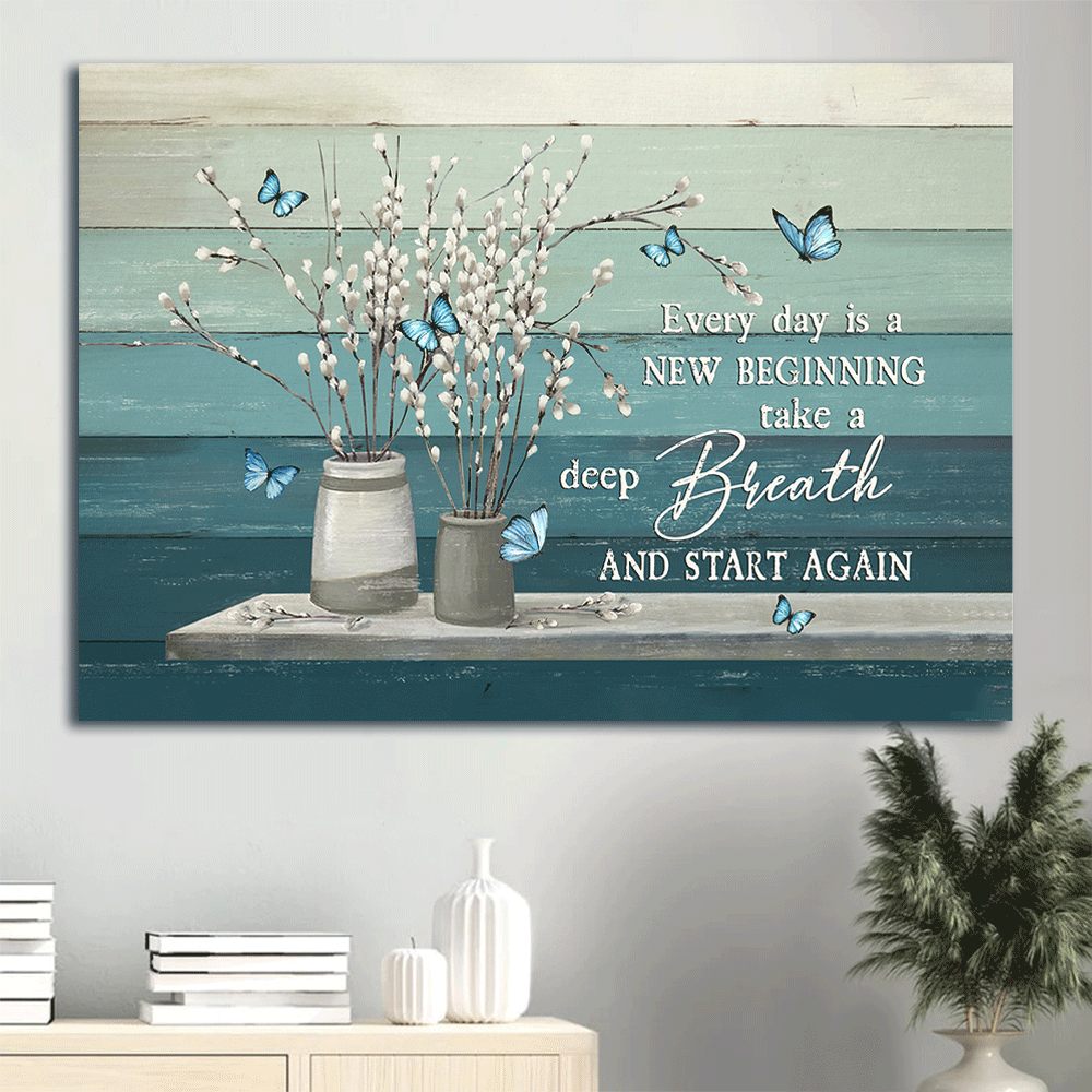 Jesus Landscape Canvas- Flower painting, Blue butterfly canvas- Gift for Christian- Every day is a new beginning - Landscape Canvas Prints, Wall Art