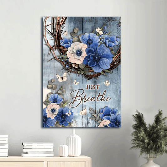 Jesus Portrait Canvas- Flower painting, Crown of thorns, White butterfly - Gift for Christian- Just breathe - Portrait Canvas Prints, Christian Wall Art