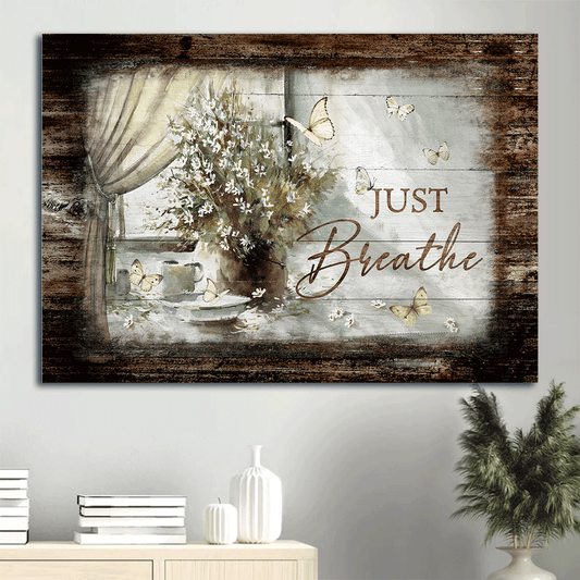 Jesus Landscape Canvas- Flower painting, Flower vase, White butterfly painting- Gift for Christian- Just breathe - Landscape Canvas Prints, Wall Art