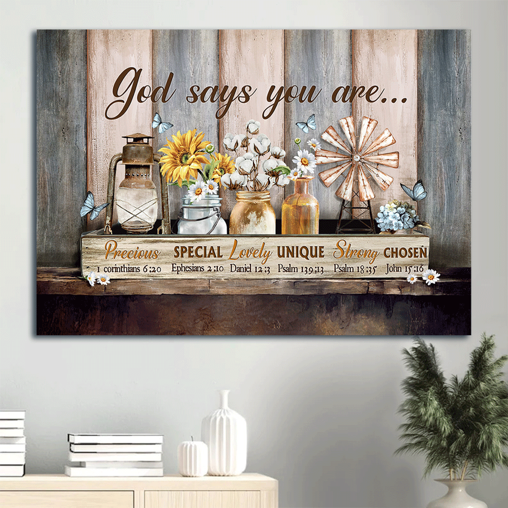Jesus Landscape Canvas- Flower painting, Glass bottle, Vintage picture- Gift for Christian- God says you are - Landscape Canvas Prints, Christian Wall Art