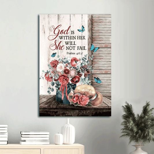 Jesus Portrait Canvas- Flower vase, Blue butterfly, Vintage hat canvas- Gift for Christian- God is within her, She will not fail - Portrait Canvas Prints, Christian Wall Art