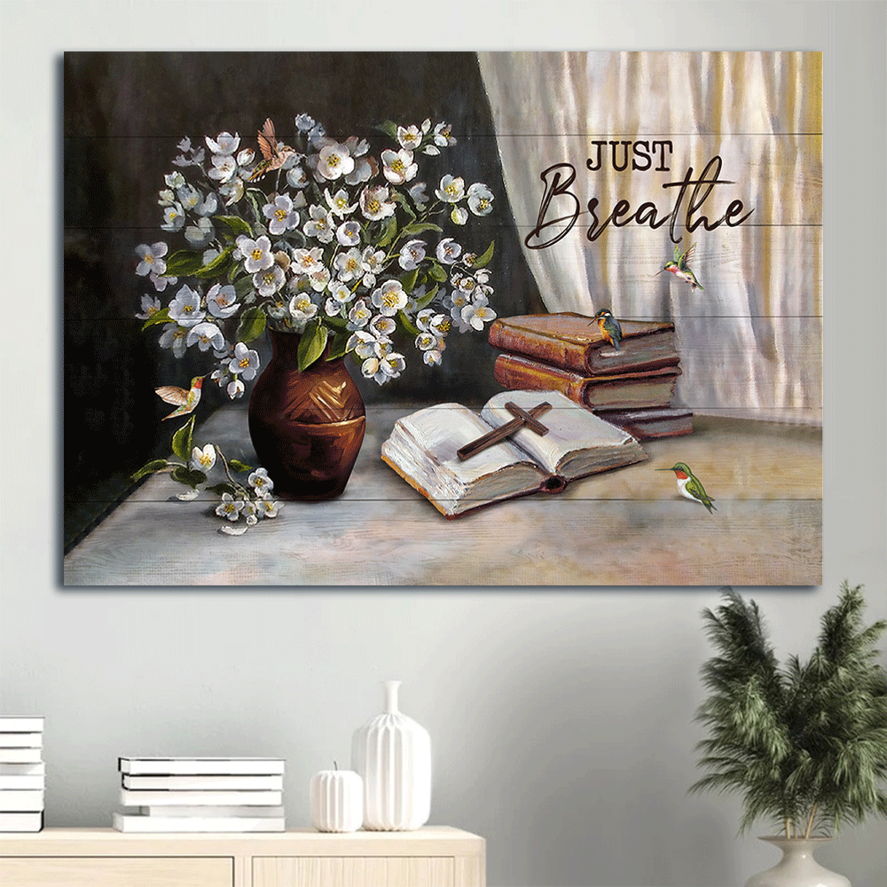 Jesus Landscape Canvas- Flower vase, Books, Cross, Just breathe canvas- Gift for Christian -  Landscape Canvas Prints, Christian Wall Art