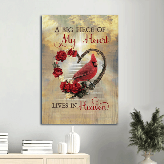 Memorial Portrait Canvas- Flower wreath, Red rose, Cardinal drawing canvas- Gift for members family- A big piece of my heart lives in heaven - Heaven Portrait Canvas Prints, Wall Art