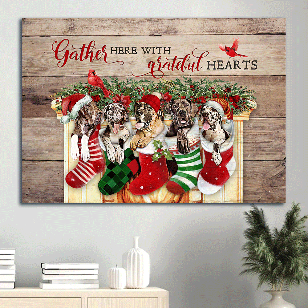 Great Dane Landscape Canvas- Great Dane, Christmas Sock, Cardinal - Gift for dog lover- Gather here with grateful hearts - Dog Christmas Landscape Canvas Prints, Wall Art