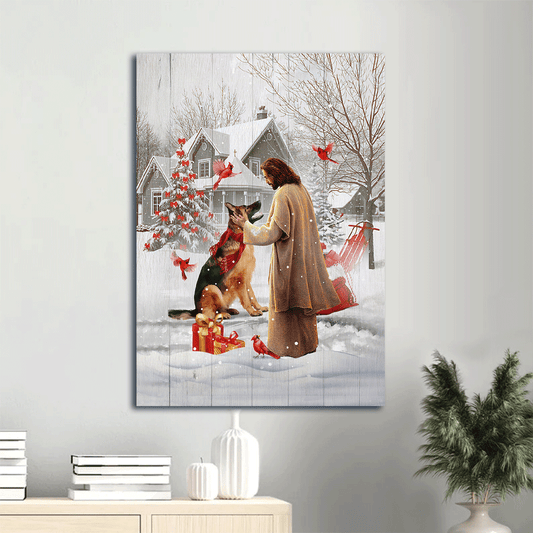 Jesus Portrait Canvas- German Shepherd, Jesus Painting, Winter garden, Red cardinal, Meeting with Jesus- Gift for Christian, Dog lover - Dog Portrait Canvas Prints, Christian Wall Art