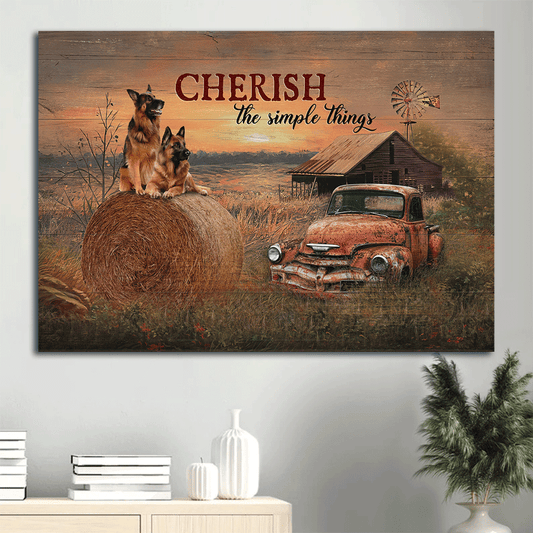 German Shepherd Landscape Canvas- German Shepherd, Red old car, Farm painting canvas- Gift for dog lover- Cherish the simple thing - Dog Landscape Canvas Prints, Wall Art