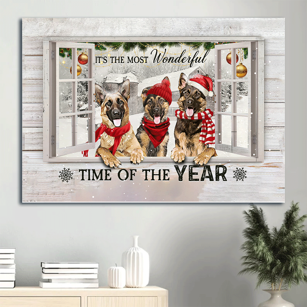 German Shepherd Landscape Canvas- German Shepherd dog, White window, Christmas painting, It's the most wonderful time of the year- Gift for Dog lover - Jesus Landscape Canvas Prints, Wall Art