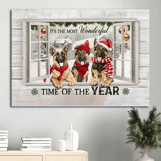 German Shepherd Landscape Canvas- German Shepherd dog, White window, Christmas painting, It's the most wonderful time of the year- Gift for Dog lover - Jesus Landscape Canvas Prints, Wall Art