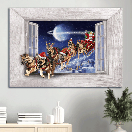 German shepherd Landscape Canvas- German shepherd drawing, Christmas painting, Santa Claus canvas- Gift for Dog lover - Landscape Canvas Prints, Wall Art