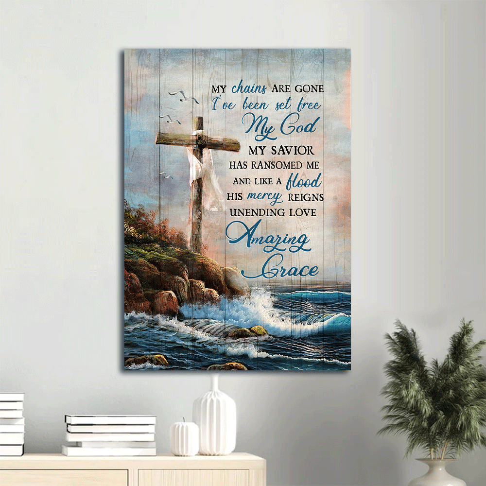 Jesus Portrait Canvas- God, Cross, Sea canvas- Gift for Christian - My chains are gone- Portrait Canvas Prints, Wall Art