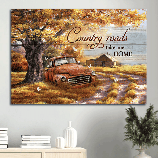 Family Landscape Canvas- Gorgeous autumn season, White butterfly, Old red truck canvas- Gift for members family- Country roads take me home - Landscape Canvas Prints, Wall Art