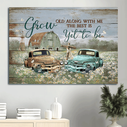 Jesus Landscape Canvas- Green house, Old ladybug car, Daisy field, Butterfly canvas- Gift for Christian- Grow old along with me - Landscape Canvas Prints, Wall Art