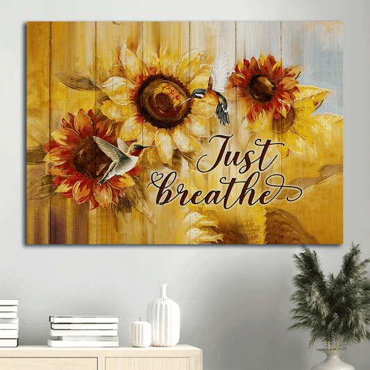 Jesus Landscape Canvas- Green hummingbirds, Sunflower painting, Just breathe canvas- Gift for Christian - Landscape Canvas Prints, Christian Wall Art