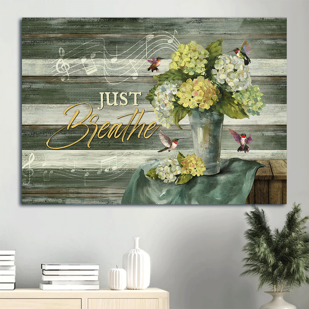 Jesus Landscape Canvas- Green hydrangeas, Music sheet, Colorful hummingbird, Just breathe canvas- Gift for Christian - Landscape Canvas Prints, Christian Wall Art