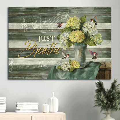 Jesus Landscape Canvas- Green hydrangeas, Music sheet, Colorful hummingbird, Just breathe canvas- Gift for Christian - Landscape Canvas Prints, Christian Wall Art