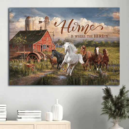 Jesus Landscape Canvas- Green meadow land, Running horse, Blue sky canvas- Gift for Christian- Home is where the herd is - Landscape Canvas Prints, Christian Wall Art
