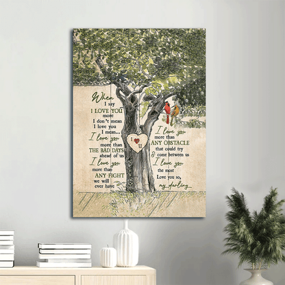 Couple Portrait Canvas- Green tree, Wooden heart, Red cardinal canvas- Gift for couple, lover- When I say I love you more - Portrait Canvas Prints, Wall Art