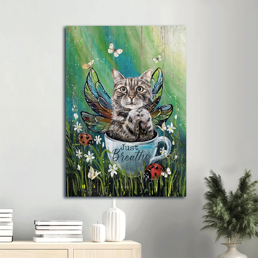 Tabby Cat Portrait Canvas- Grey tabby cat, Butterfly wings, Lady bug, Tea cup, Just breathe- Gift for cat lover - Jesus Portrait Canvas Prints, Christian Wall Art
