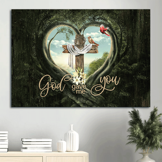Jesus Landscape Canvas- Heart cave, Wooden cross, Pretty cardinal- Gift for Christian- God gave me you - Landscape Canvas Prints, Home Decor Wall Art