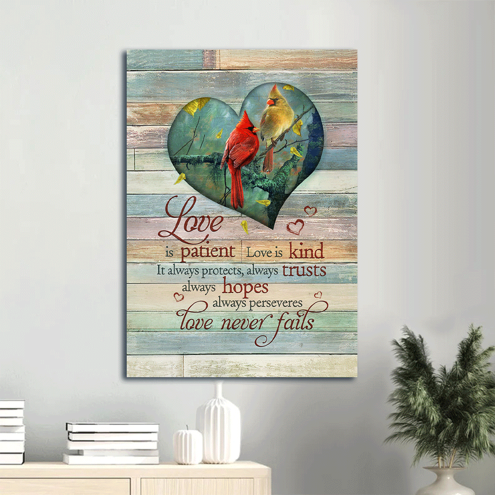 Jesus Portrait Canvas- Heart shape, Cardinal painting, Autumn canvas- Gift for Christian- Love is patient, Love is kind - Portrait Canvas Prints, Christian Wall Art