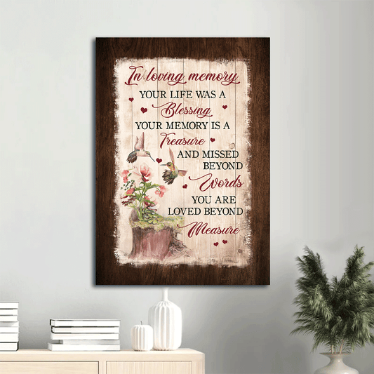 Memorial Portrait Canvas- Hummingbird Couple- Memorial gift for members family- Your life was a blessing - Heaven Portrait Canvas Prints, Wall Art