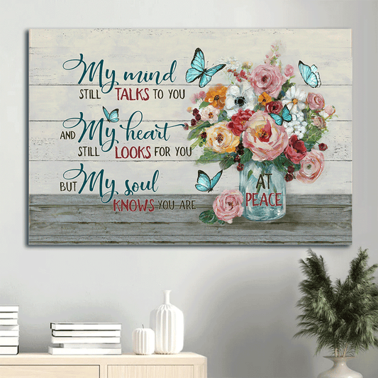 Heaven, Flower In Mason Jar, Colorful Flower, Blue Butterfly, My Mind Still Talks To You, My Heart Still Looks To You, My Soul Knows You Are- Jesus Landscape Canvas, Wall Decor Visual Art - AMZPLT00123