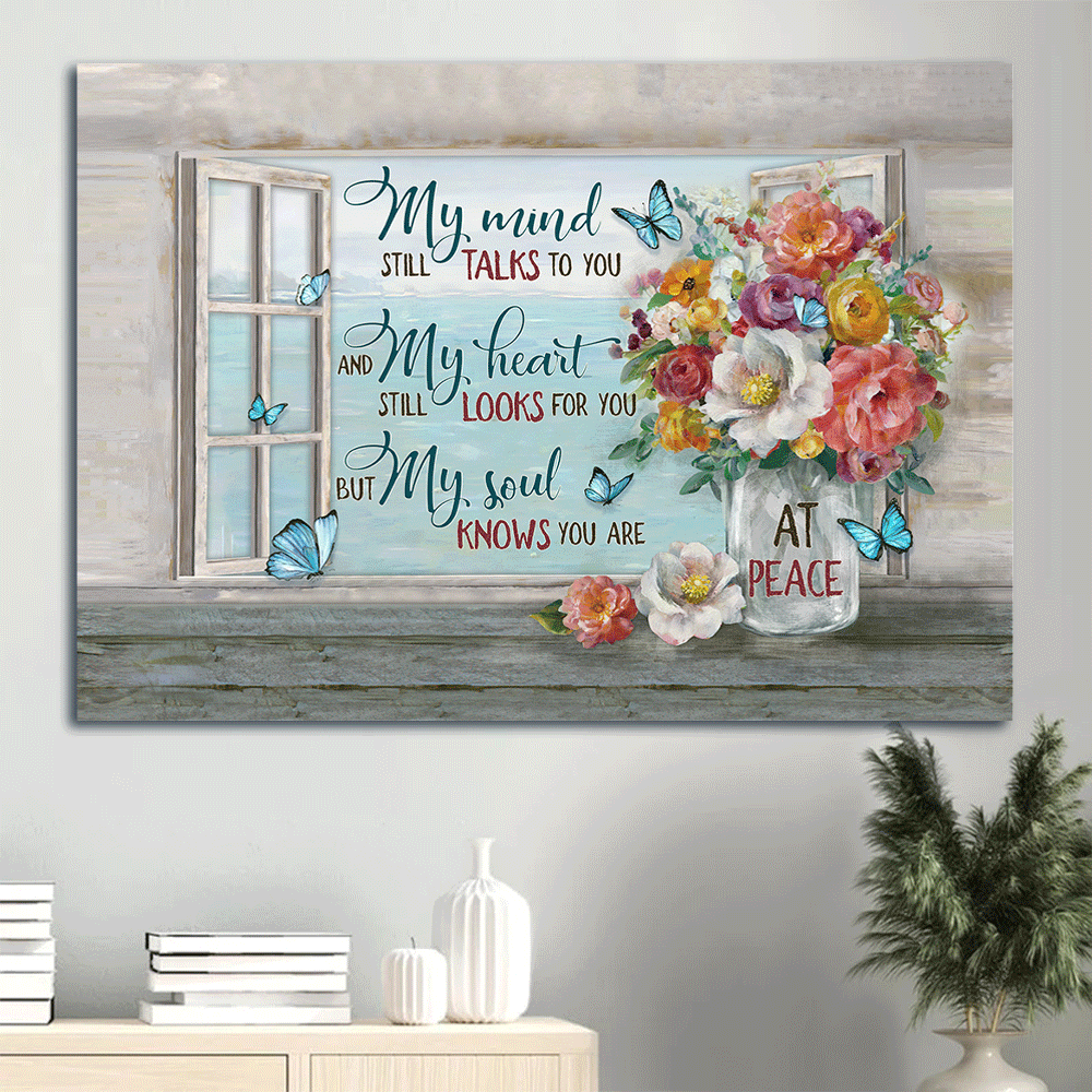 Memorial Landscape Canvas- Rose flower vase, Sea painting, My mind still talks to you- Gift for members family - Heaven Landscape Canvas Prints, Wall Art