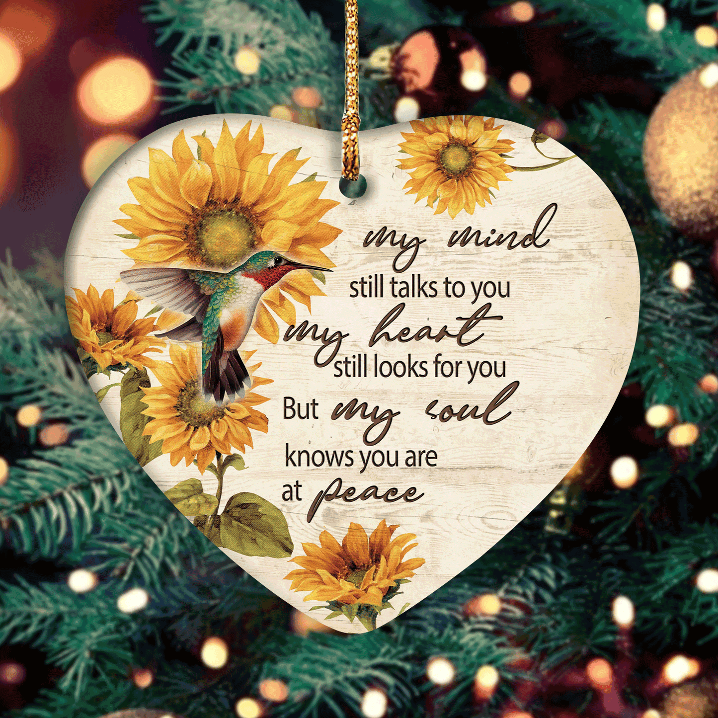 Heaven Heart Ceramic Ornament - Sunflower pattern, Colorful hummingbird - Memorial Gift For Family Members - My soul knows you are at peace