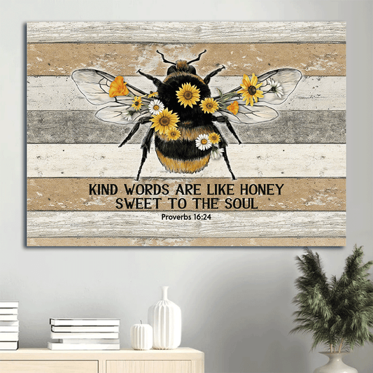 Jesus Landscape Canvas- Honeybee drawing, Sunflower painting- Gift for Christian- Kind words are like honey - Landscape Canvas Prints, Christian Wall Art