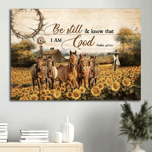 Jesus Landscape Canvas- Horse farm, Watercolor sunflower, Fall drawing, Wooden cross- Gift for Christian- Be still and know that I am God - Landscape Canvas Prints, Christian Wall Art