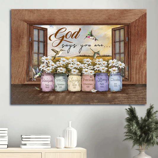 Jesus Landscape Canvas- Hummingbird, Daisy flower, Window frame,  God says you are canvas- Gift for Christian - Landscape Canvas Prints, Wall Art