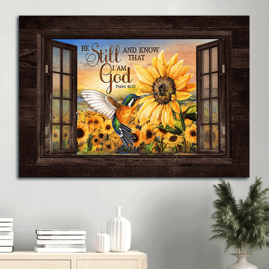 Jesus Landscape Canvas- Hummingbird, Sunflower field - Gift for Christian - Be still and know that I am God - Landscape Canvas Prints, Wall Art