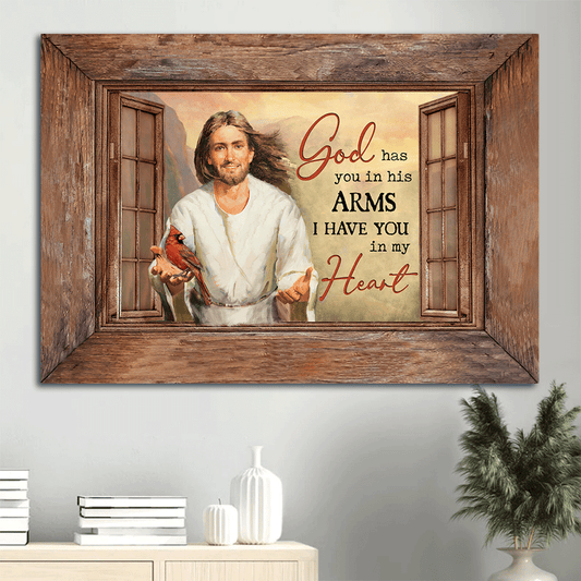 Jesus Landscape Canvas- Into Jesus's arms, Jesus painting, Red cardinal- Gift for Christian- God has you in his arms, I have you in my heart - Landscape Canvas Prints, Christian Wall Art