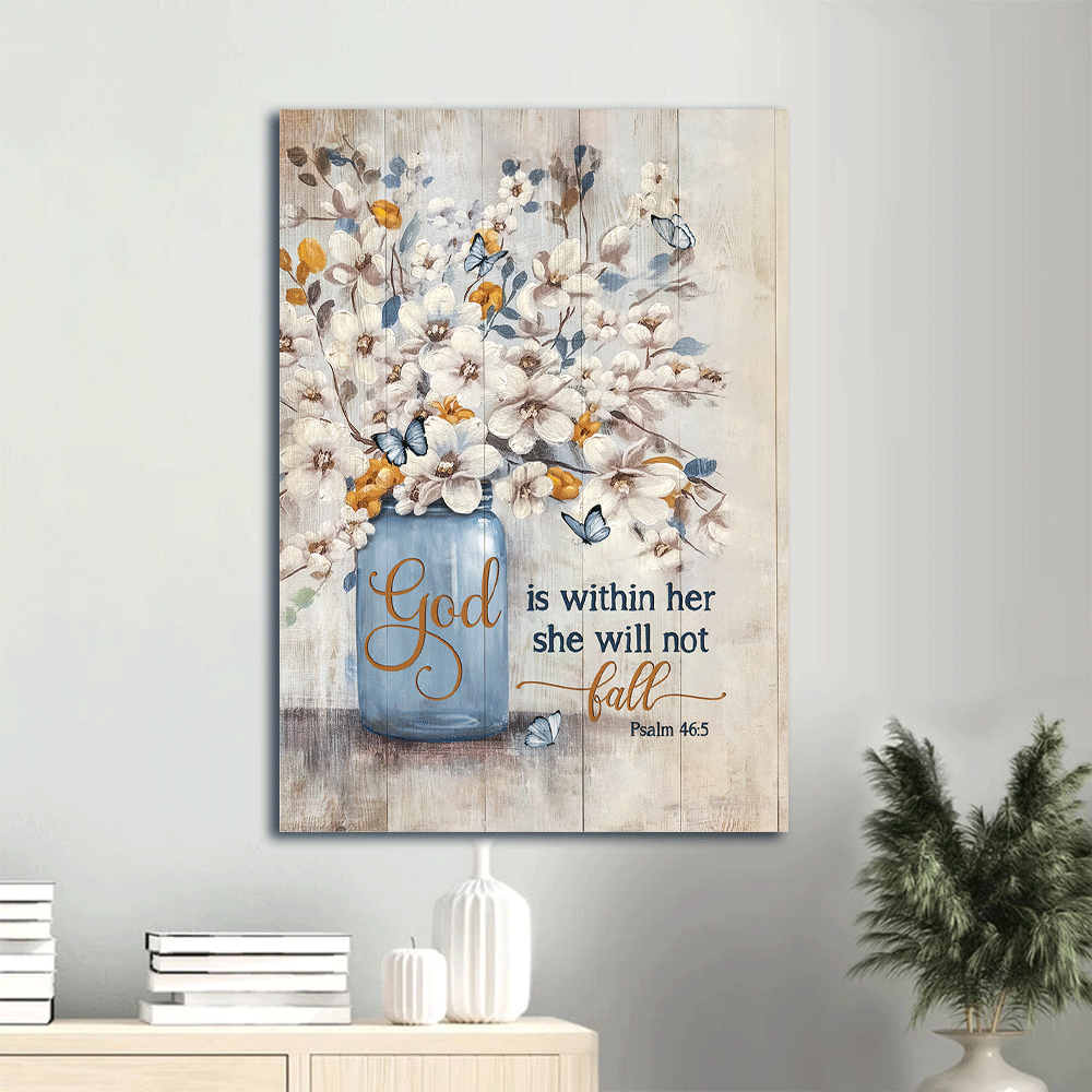 Jesus Portrait Canvas- Jasmine flower, Blue vase, Butterfly drawing canvas- Gift for Christian- God is within her - Portrait Canvas Prints, Christian Wall Art