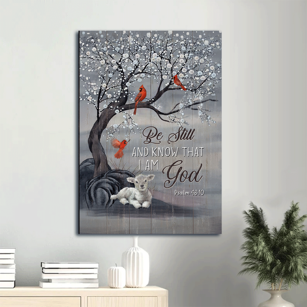 Jesus Portrait Canvas - Snow tree, Red cardinal painting, White lamb- Gift for Christian- Be still and know that I am God - Portrait Canvas Prints, Wall Art